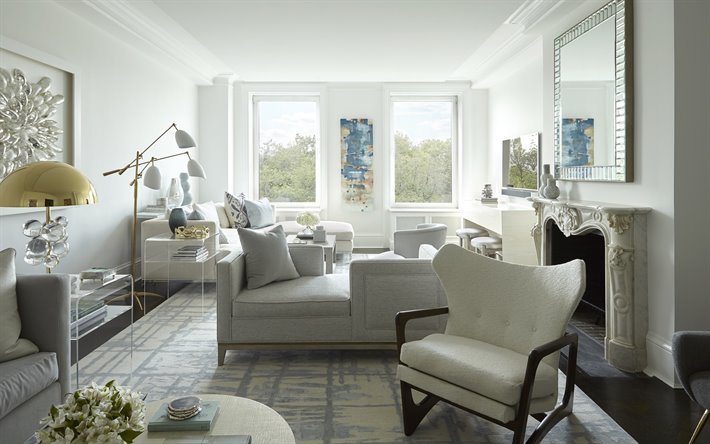 valkoinen klassinen sisustus tyyli, olohuone, kulta metalli lattiavalaisin, peili, klassinen tyyli takka, harmaa sohva, valkoinen marmori takka