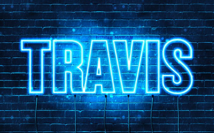 Travis, 4k, pap&#233;is de parede com os nomes de, texto horizontal, Travis nome, luzes de neon azuis, imagem com Travis nome