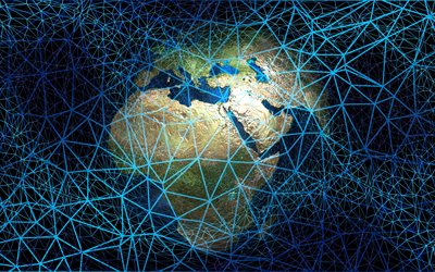 World wide webの概念, インターネット, ネットワークの概念, 青色のネオンメッシュ, 3Dの地球, 現代の技術