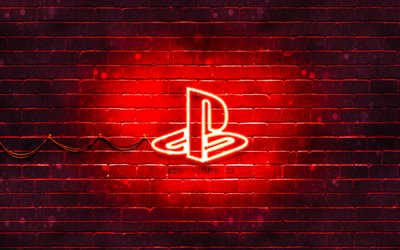 PlayStation logo rosso, 4k, rosso, brickwall, PlayStation logo, marchi, PlayStation neon logo, PlayStation