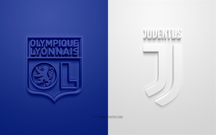 Olympique Lyonnais vs Juventus FC, UEFA Champions League, 3D logos, promotional materials, blue white background, Champions League, football match, Juventus FC, Olympique Lyonnais