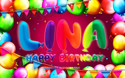 お誕生日おめでリナ, 4k, カラフルバルーンフレーム, リナ名, 紫色の背景, リナのお誕生日おめで, リナのお誕生日, ドイツの人気女性の名前, 誕生日プ, リナ
