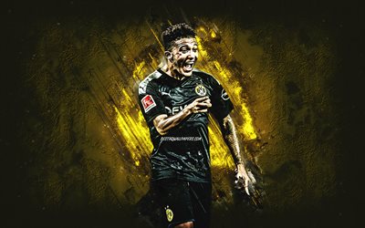 Jadon Sancho, Borussia Dortmund, English football player, portrait, BVB black uniform, yellow stone background, Bundesliga, BVB, Germany, football