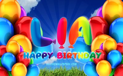 Liaお誕生日おめで, 4k, 曇天の背景, ドイツの人気女性の名前, 誕生パーティー, カラフルなballons, Lia名, お誕生日おめでLia, 誕生日プ, Liaの誕生日, Lia