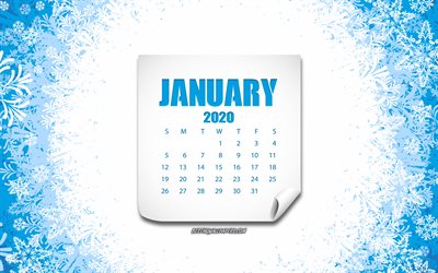 January 2020 Calendar, blue winter background, snowflakes, 2020 calendars, January, winter art, 2020 January calendar