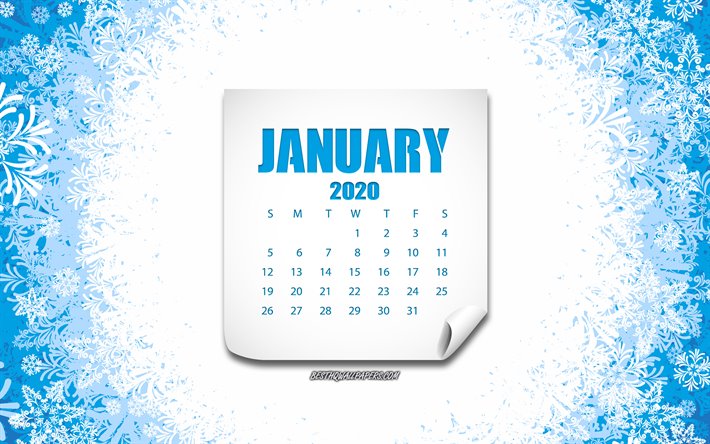 Ocak 2020 Takvim, mavi kış arka plan, kar taneleri, 2020 takvimleri, Ocak, kış sanat, 2020 Ocak takvim