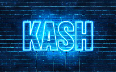 Kash, 4k, pap&#233;is de parede com os nomes de, texto horizontal, Kash nome, luzes de neon azuis, imagem com Kash nome