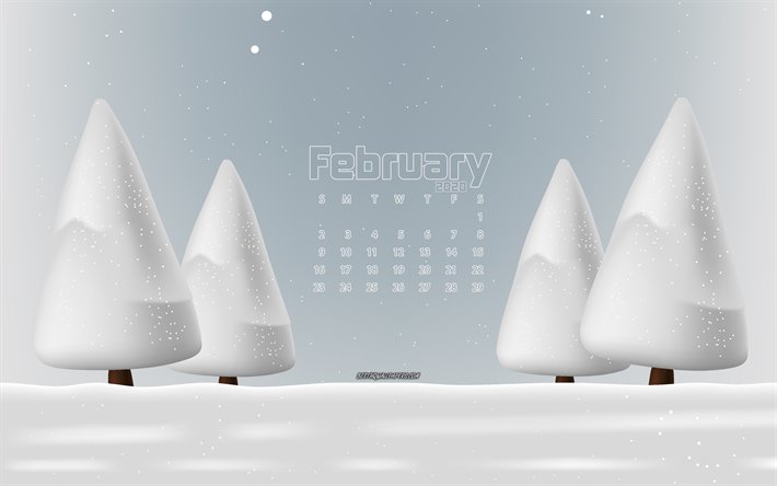 2020 februar kalender, winter landschaft, schnee, winter, 2020 kalender, februar, 2020 konzepte, kalender, februar 2020 kalender