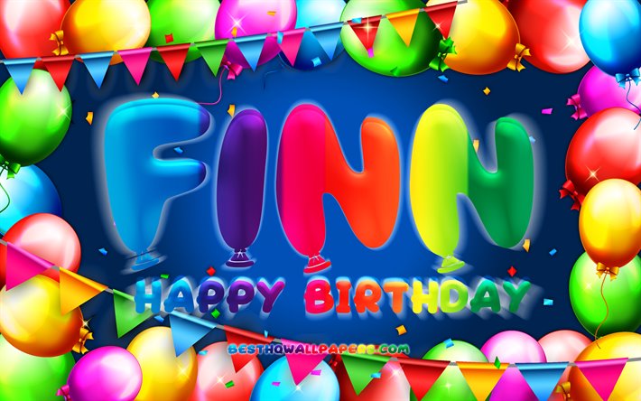 Happy Birthday Finn, 4k, colorful balloon frame, Finn name, blue background, Finn Happy Birthday, Finn Birthday, popular german male names, Birthday concept, Finn