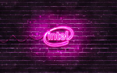 Intel purple logo, 4k, purple brickwall, Intel logo, brands, Intel neon logo, Intel