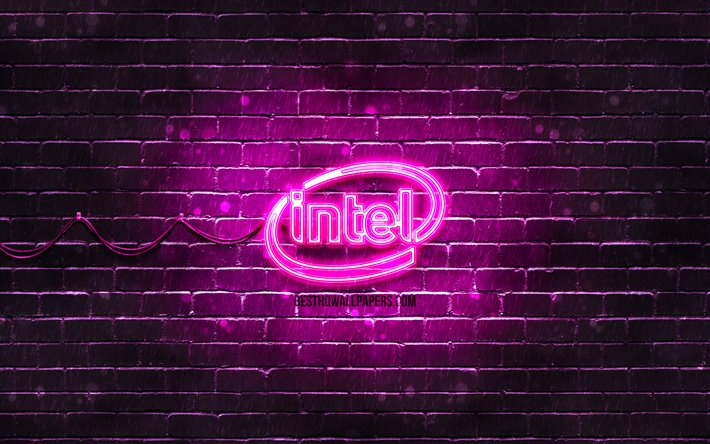 Intel violette logo, 4k, violet brickwall, Intel logo, marques, Intel n&#233;on logo, Intel