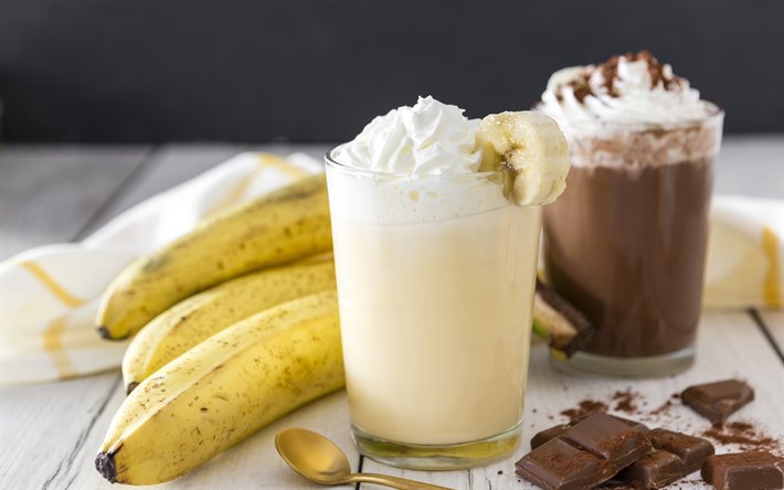 banane smoothie, smoothie chocolat, milk-shake &#224; la banane, chocolat, boissons, banane