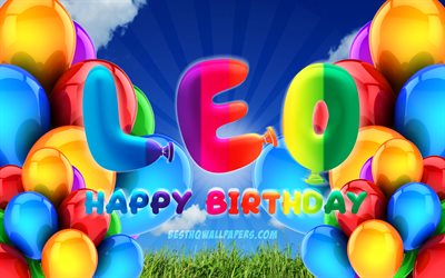 Leo Felice Compleanno, 4k, cielo coperto sfondo, popolare tedesco maschio nomi, Festa di Compleanno, palloncini colorati, nome Leo, Felice Compleanno di Leo, feste di Compleanno, concetto, Leo Compleanno, Leo