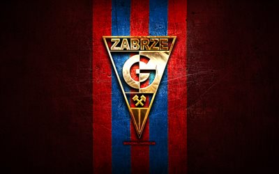 Gornik Zabrze FC, golden logo, Ekstraklasa, red metal background, football, Gornik Zabrze SSA, polish football club, Gornik Zabrze logo, soccer, Poland