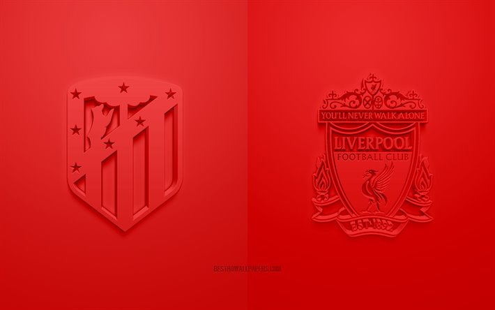 Atl&#233;tico de Madrid vs Liverpool FC en la UEFA Champions League, logos en 3D, materiales promocionales, fondo rojo, de la Liga de Campeones, partido de f&#250;tbol, el Atl&#233;tico de Madrid, Liverpool FC