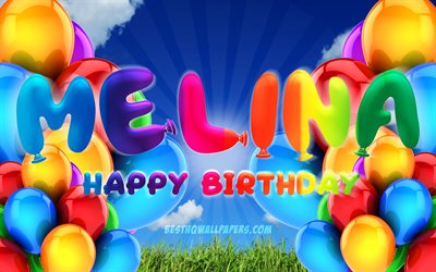 Melina Happy Birthday, 4k, cloudy sky background, popular german female names, Birthday Party, colorful ballons, Melina name, Happy Birthday Melina, Birthday concept, Melina Birthday, Melina