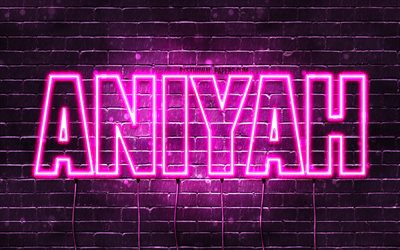 Aniyah, 4k, wallpapers with names, female names, Aniyah name, purple neon lights, horizontal text, picture with Aniyah name