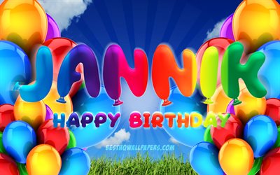 Jannik Happy Birthday, 4k, cloudy sky background, popular german male names, Birthday Party, colorful ballons, Jannik name, Happy Birthday Jannik, Birthday concept, Jannik Birthday, Jannik
