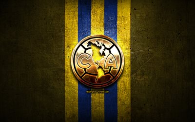 Club America FC, golden logo, Liga MX, yellow metal background, football, Club America, mexican football club, Club America logo, soccer, Mexico