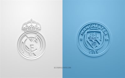 Real Madrid vs Manchester City FC, UEFA Champions League, 3D logos, promotional materials, white-blue background, Champions League, football match, Real Madrid, Manchester City FC