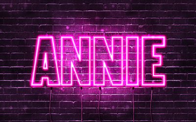 Annie, 4k, tapeter med namn, kvinnliga namn, Annie namn, lila neon lights, &#246;vergripande text, bild med Annie namn