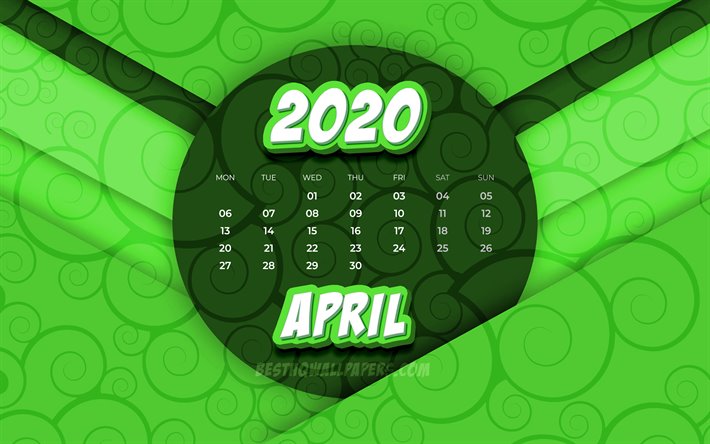 De abril de 2020 Calendario, 4k, comic 3D arte, 2020 calendario de la primavera, calendarios, abril de 2020, creativo, estampados de flores, de abril de 2020 calendario con adornos, Calendario de abril de 2020, fondo verde, 2020 calendarios