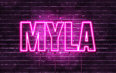Myla, 4k, fondos de pantalla con los nombres, los nombres femeninos, Myla nombre, p&#250;rpura luces de ne&#243;n, el texto horizontal, imagen con Myla nombre