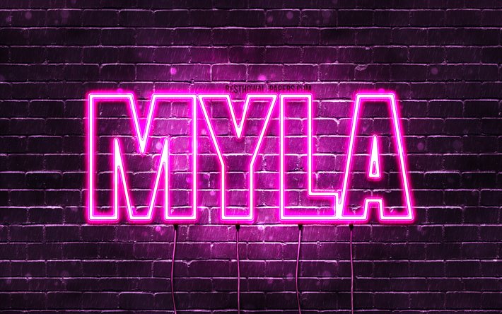 Myla, 4k, wallpapers with names, female names, Myla name, purple neon lights, horizontal text, picture with Myla name