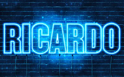 Ricardo, 4k, wallpapers with names, horizontal text, Ricardo name, blue neon lights, picture with Ricardo name