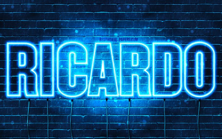 Ricardo, 4k, 壁紙名, テキストの水平, リカードの名前, 青色のネオン, 画像とのリカードの名前