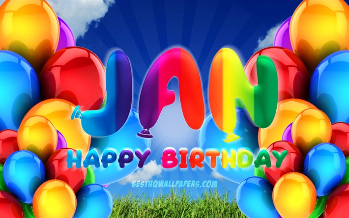 Jan Happy Birthday, 4k, cloudy sky background, popular german male names, Birthday Party, colorful ballons, Jan name, Happy Birthday Jan, Birthday concept, Jan Birthday, Jan