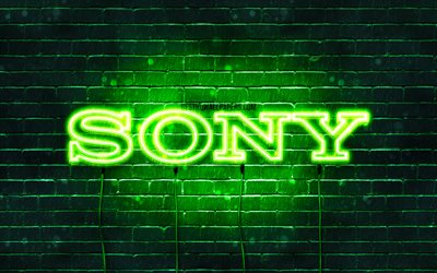 sony green-logo, 4k, brickwall green, sony logo, marken, sony neon-logo, sony
