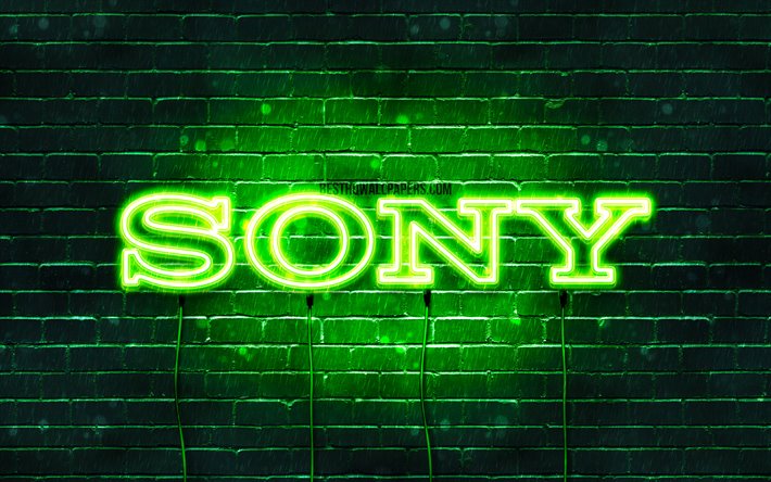 Sony logo vert, 4k, vert brickwall, le logo Sony, marques, Sony n&#233;on logo Sony