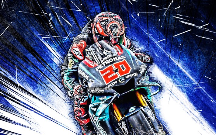 Fabio Quartararo, grunge, de l&#39;art, MotoGP, v&#233;los, 2019 Petronas Yamaha SRT rayons bleus abstrait, Fabio Quartararo &#224; l&#39;avant, les v&#233;los de course, la Yamaha YZR-M1 Yamaha
