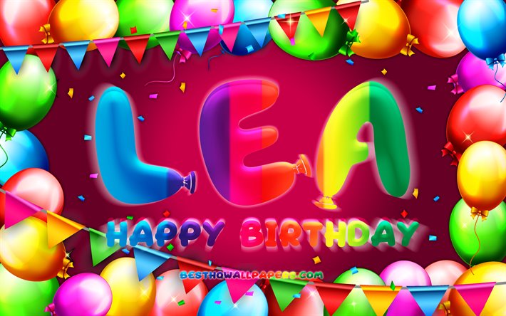 お誕生日おめでLea, 4k, カラフルバルーンフレーム, Lea名, 紫色の背景, Leaお誕生日おめで, Lea誕生日, ドイツの人気女性の名前, 誕生日プ, Lea