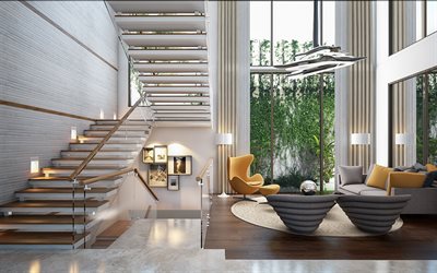 interni dal design moderno, casa di campagna, il pavimento in marmo bianco, stile retr&#242; mobili, elegante lampadario in metallo cromato