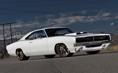 Dodge Charger, 1970, white coupe, retro cars, american cars, Dodge