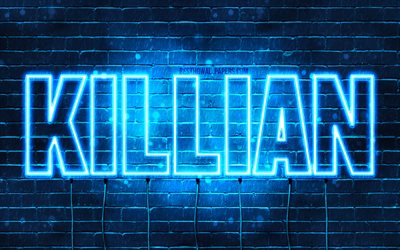 Killian, 4k, wallpapers with names, horizontal text, Killian name, blue neon lights, picture with Killian name