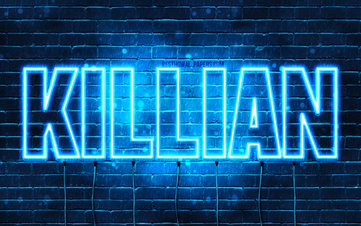 Killian, 4k, fondos de pantalla con los nombres, el texto horizontal, Killian nombre, luces azules de ne&#243;n, imagen con Killian nombre