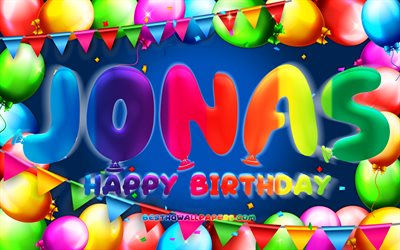 Happy Birthday Jonas, 4k, colorful balloon frame, Jonas name, blue background, Jonas Happy Birthday, Jonas Birthday, popular german male names, Birthday concept, Jonas