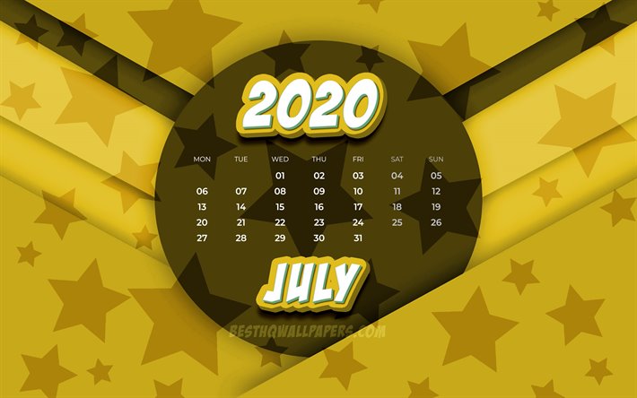 Juillet 2020 Calendrier, 4k, comic art 3D, 2020 calendrier, l&#39;&#233;t&#233; calendriers, juillet 2020, cr&#233;atif, &#233;toiles de motifs, de juillet 2020 calendrier avec les stars, Calendrier juillet 2020, fond jaune, 2020 calendriers