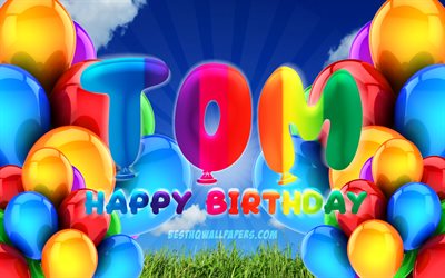 Tom Happy Birthday, 4k, cloudy sky background, popular german male names, Birthday Party, colorful ballons, Tom name, Happy Birthday Tom, Birthday concept, Tom Birthday, Tom