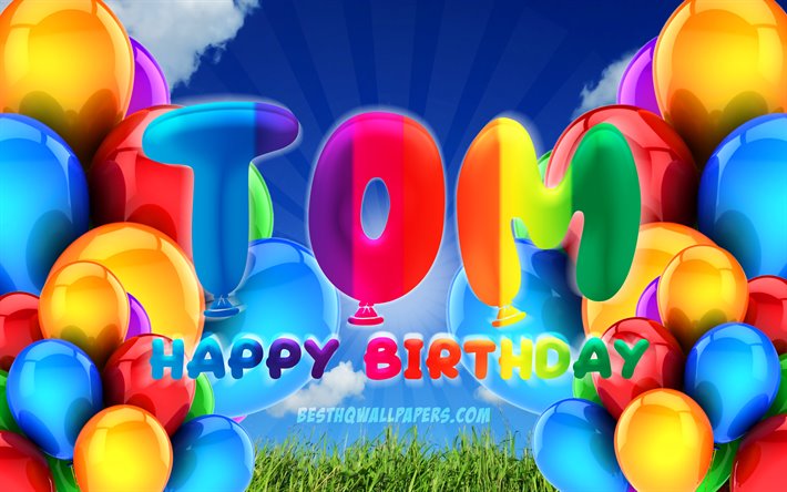 Tom Felice Compleanno, 4k, cielo coperto sfondo, popolare tedesco maschio nomi, Festa di Compleanno, palloncini colorati, Tom nome, Felice Compleanno di Tom, il concetto di Compleanno, il Compleanno di Tom, Tom