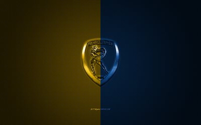 Panetolikos FC, Greek football club, Super League Greece, yellow blue logo, yellow blue carbon fiber background, football, Agrinion, Greece, Panetolikos FC logo