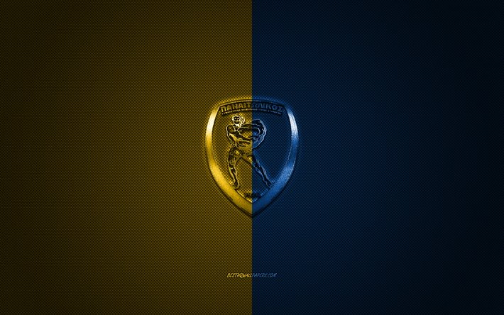 Panetolikos FC, club di calcio greco, Grecia Super League, giallo logo blu, giallo blu contesto in fibra di carbonio, calcio, Agrinion, Grecia, Panetolikos FC logo