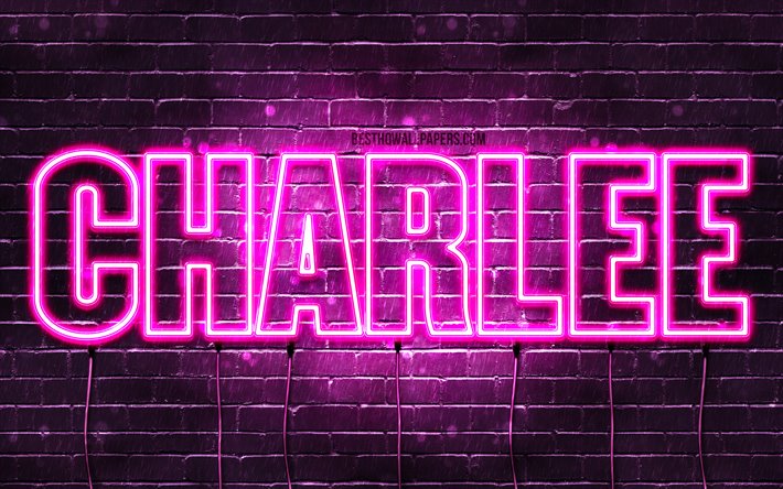 Charlee, 4k, wallpapers with names, female names, Charlee name, purple neon lights, horizontal text, picture with Charlee name