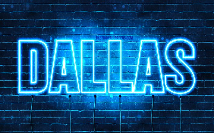 Dallas, 4k, pap&#233;is de parede com os nomes de, texto horizontal, Dallas nome, luzes de neon azuis, imagem com nome de Dallas
