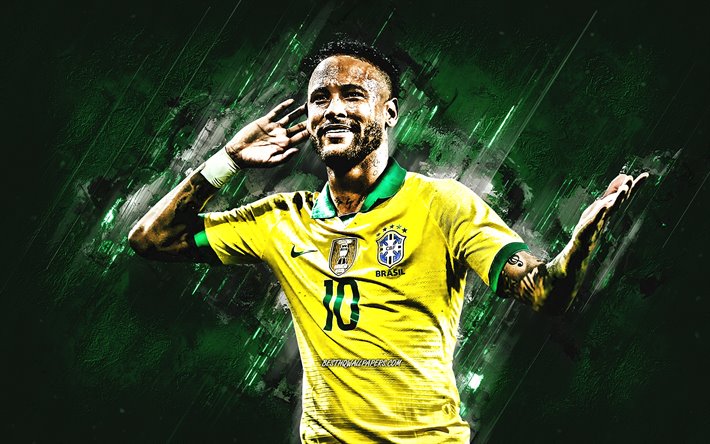 Neymar Jr, Brasiliansk fotbollsspelare, portr&#228;tt, Brasiliens herrlandslag i fotboll, gr&#246;n sten bakgrund, fotboll, Brasilien, Neymar