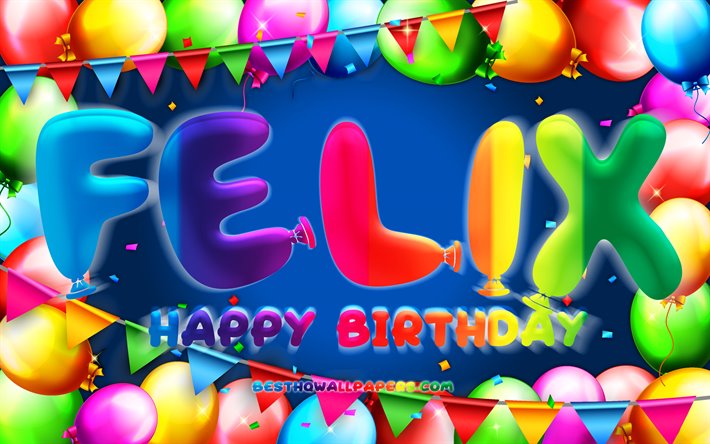 Buon Compleanno Felix, 4k, palloncino colorato telaio, Felix nome, sfondo blu, Felice, Compleanno, popolare tedesco maschio di nomi, di Compleanno, concetto, Felix