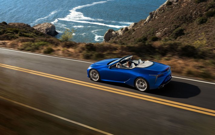 Lexus LC 500 Cabriolet, 2021, &#224; l&#39;ext&#233;rieur, bleu convertible, bleu nouveau LC 500, les voitures japonaises, Lexus
